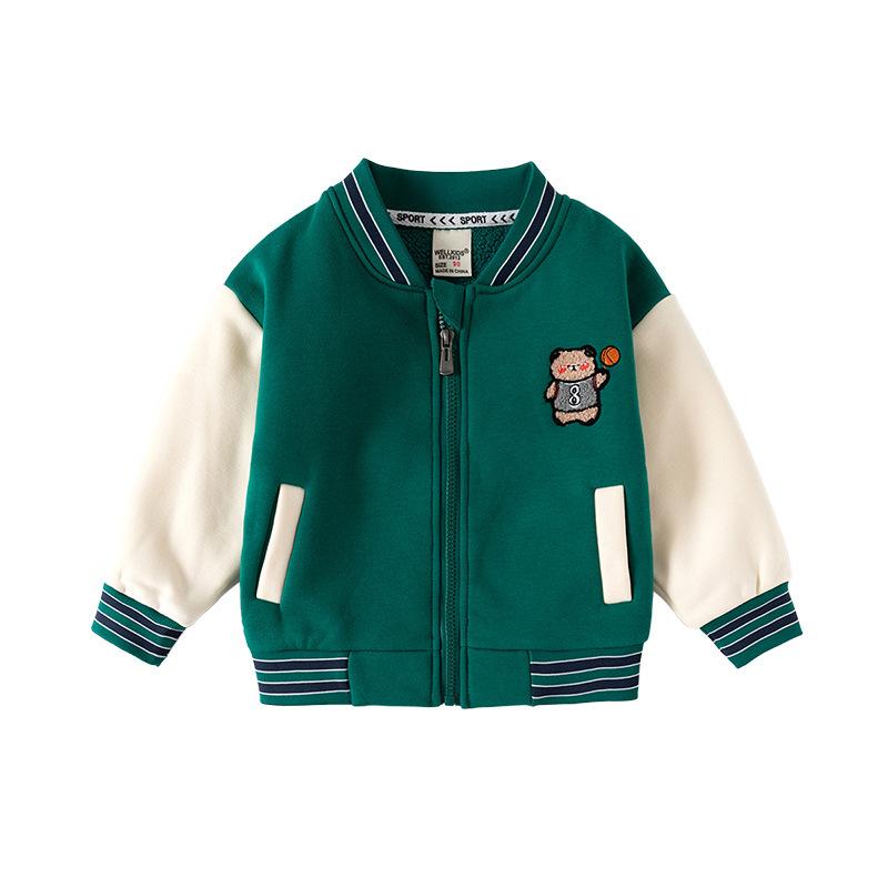 Boys Fleece Lined Zip Up Baseball Jacket Cartoon Embroidered Stand Collar Warm Outerwear Autumn Winter Clothing for Toddler and Kids