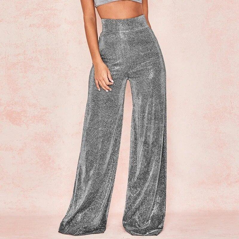 Fashion High Waist Straight Wide-leg Pants Women Loose Drape Sequin Pants Woman Elegant Office Lady Shiny Casual Trouser 30717