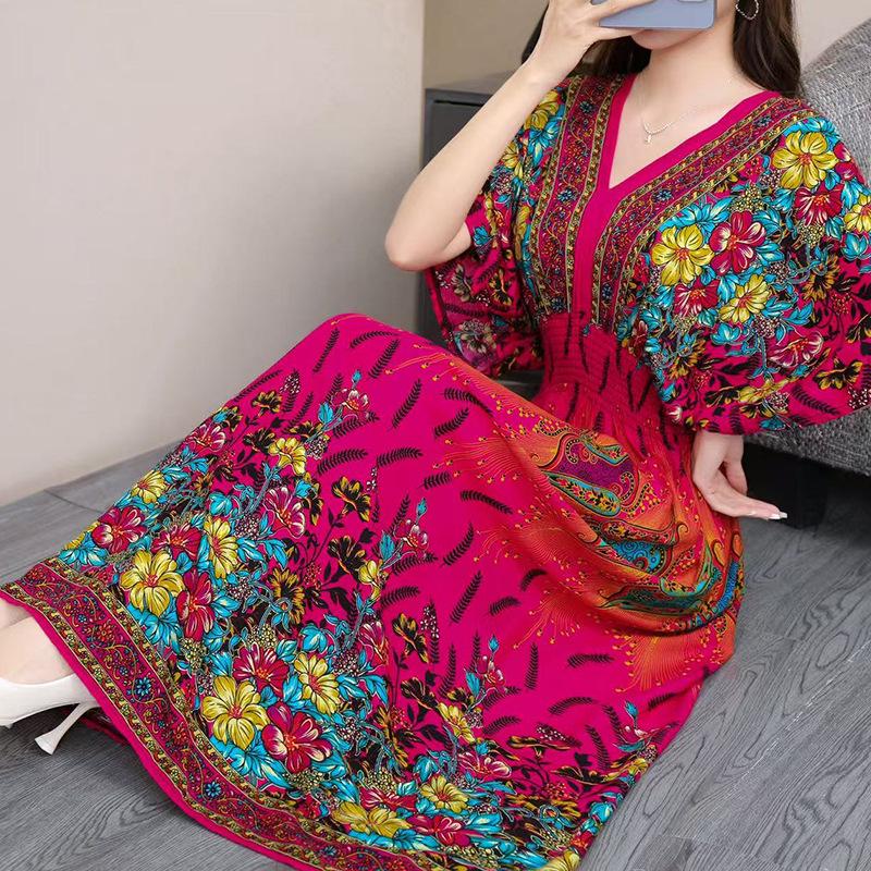 25th Anniversary Ethnic V-Neck Rayon Short Sleeve French-Thai Print Holiday Dress for Women