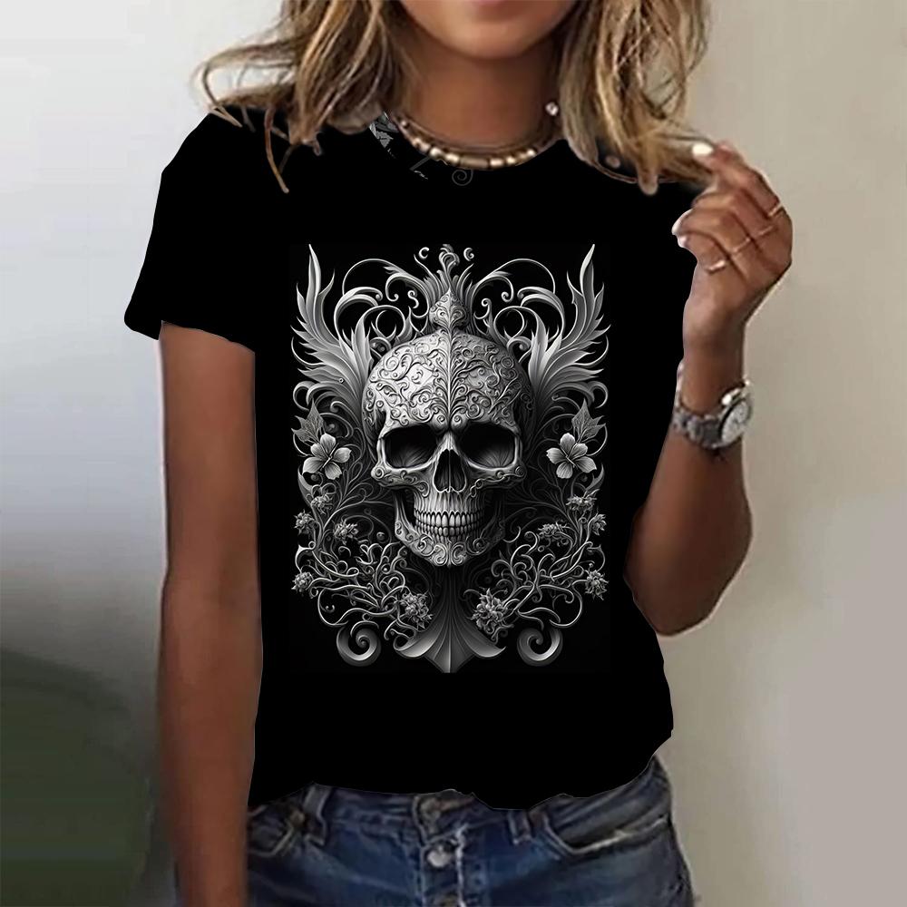 Fashion Women's T-shirts 3D Skulls Wings Print Short Sleeves Tees Summer Casual Trend Female Clothing Loose Tops Streetwear