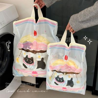 Portable Cute Cartoon Cat Laundry Bag Anti-deformation Storage Bag Mesh Bag Anti-Winding with Handle Protective Washing Bag