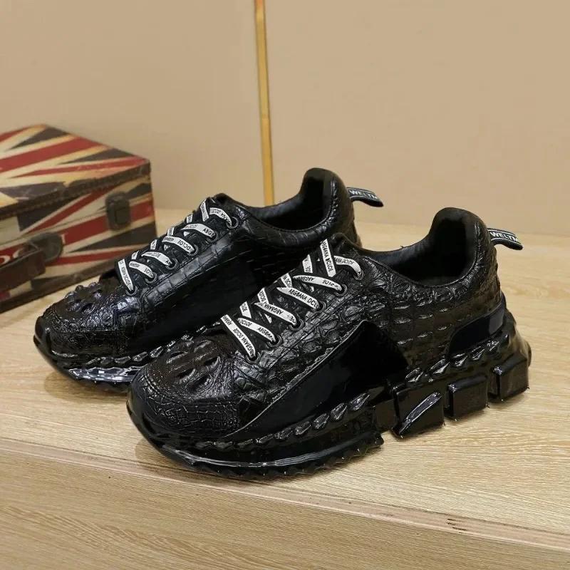 Crocodile Pattern Light Luxury Fashionable Men's Low Top Trendy Shoes, Height Increasing Thick Sole Rebound Casual Sports Shoes
