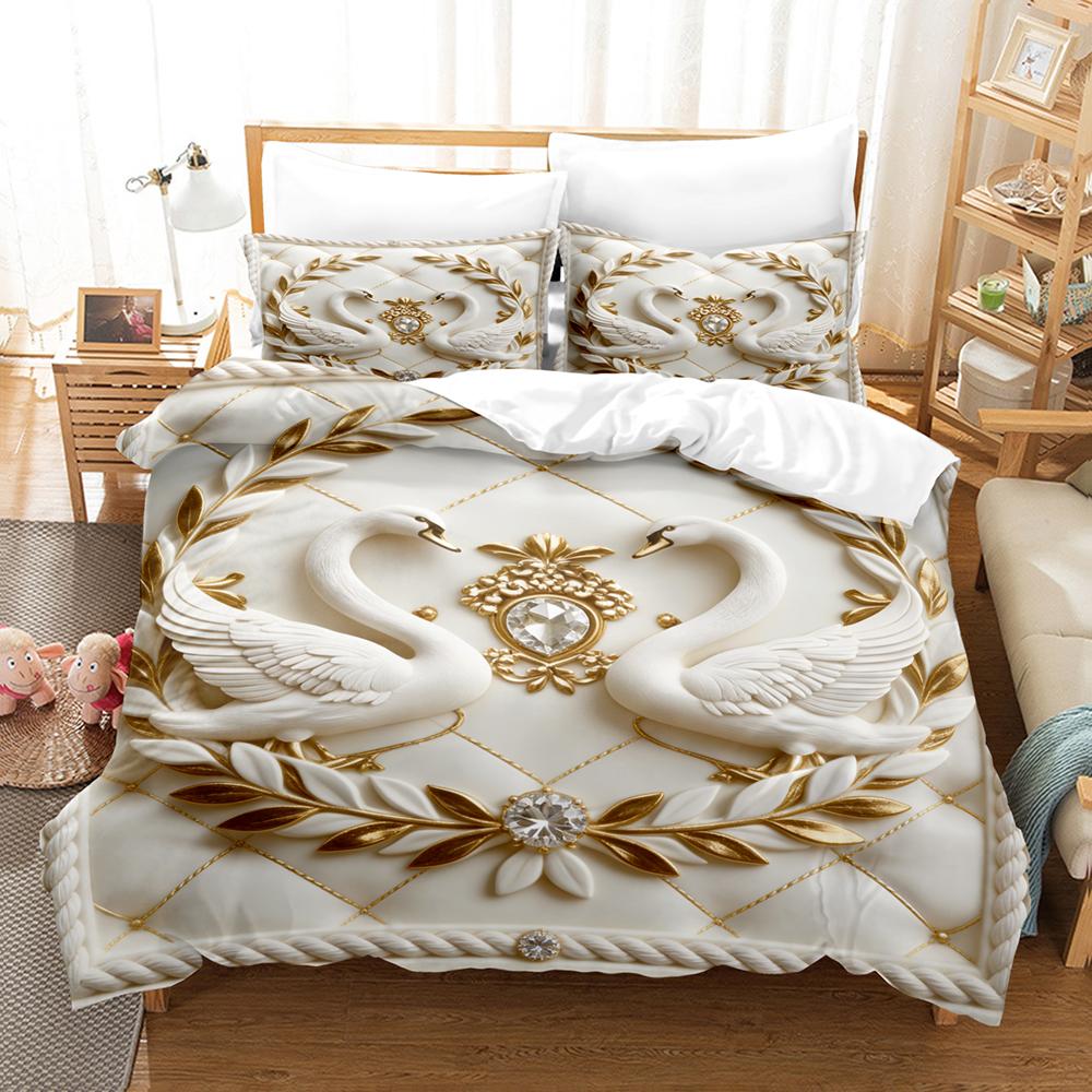

3pcs Swan Couple Bedding Sets 3D Printed Romantic King Full Size For Couples Gifts Duvet Cover With 2 Pillowcases Bedroom Decor 135x200cm