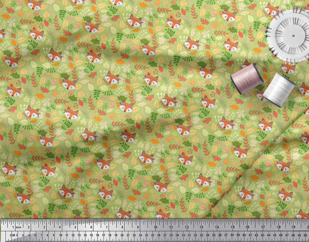 Soimoi Japan Crepe Satin Fabric Leaves & Fox Face Cartoon Printed Craft Fabric by the Metre 42 Inch