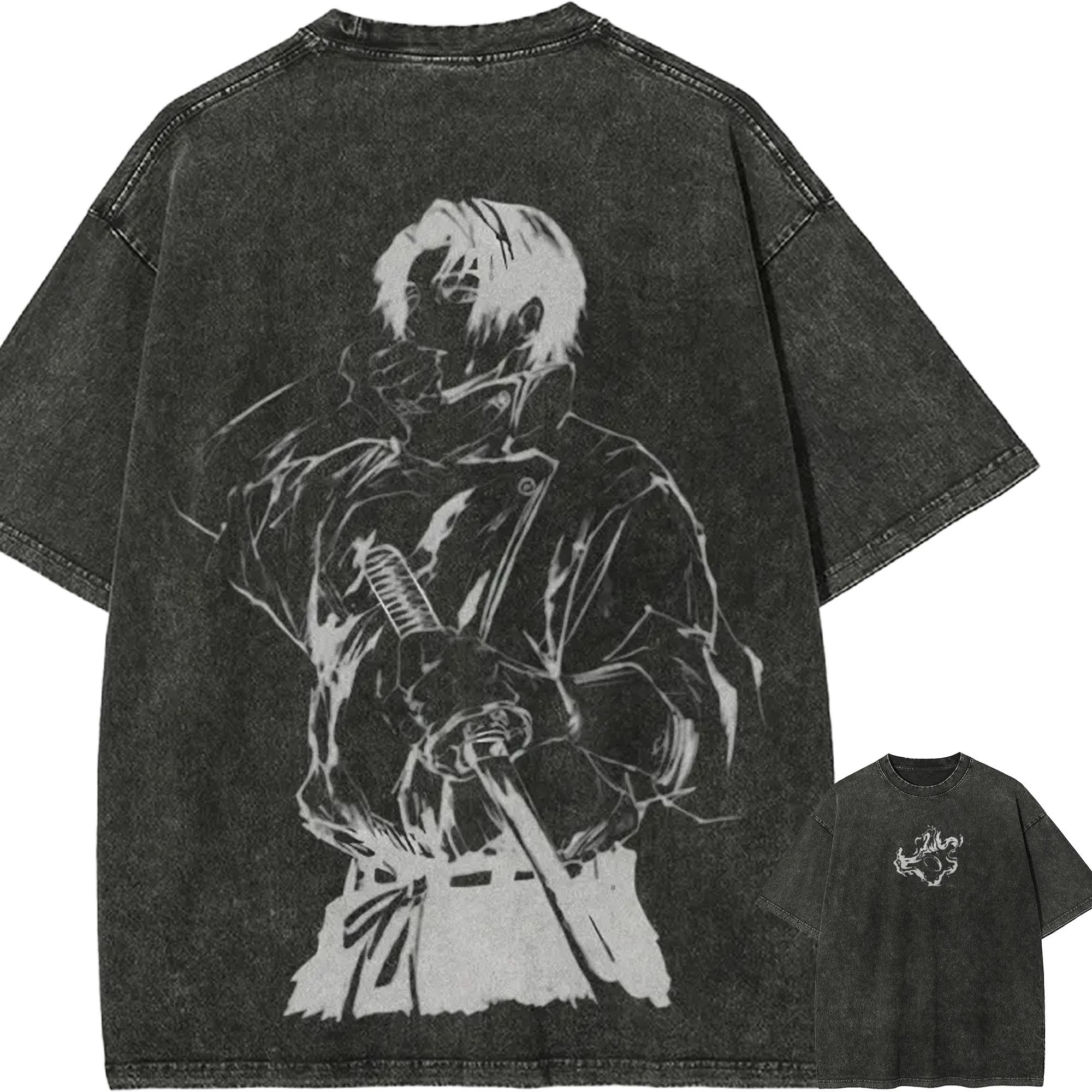 Yuji Itadori T-Shirt, Samurai-Schwert-Print, Vintage-Waschung, Lockerer Streetwear-Anime für Herren 2XL gray