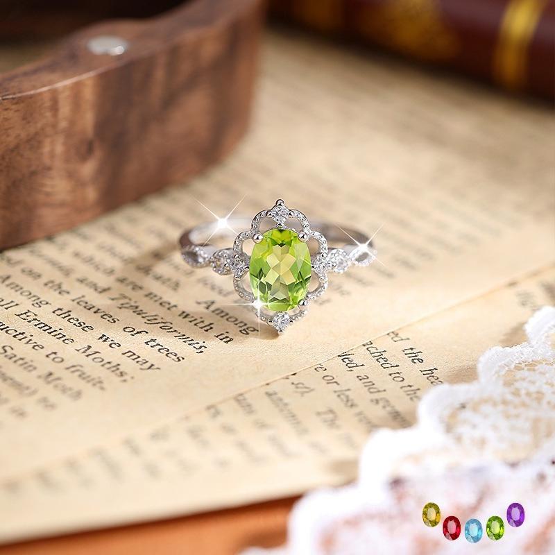 Egg-shaped inlaid natural colored spar ring s925 sterling silver simple and versatile new ring fashion retro jewelry gift