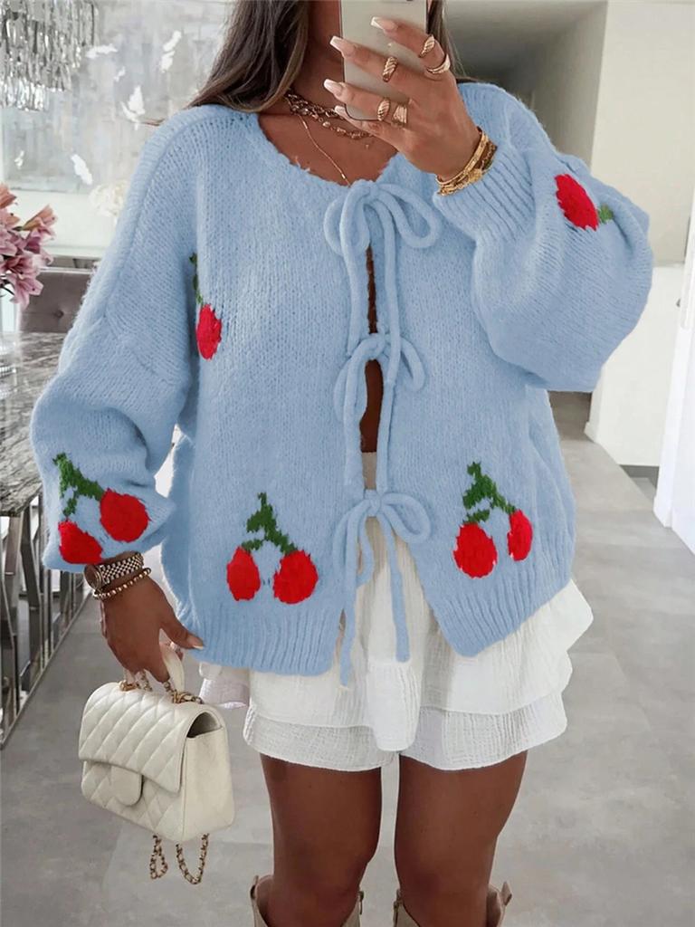 Fall Knit Oversized Casual Sweater Strawberry Cherry Style Tie-Up Cardigan Top
