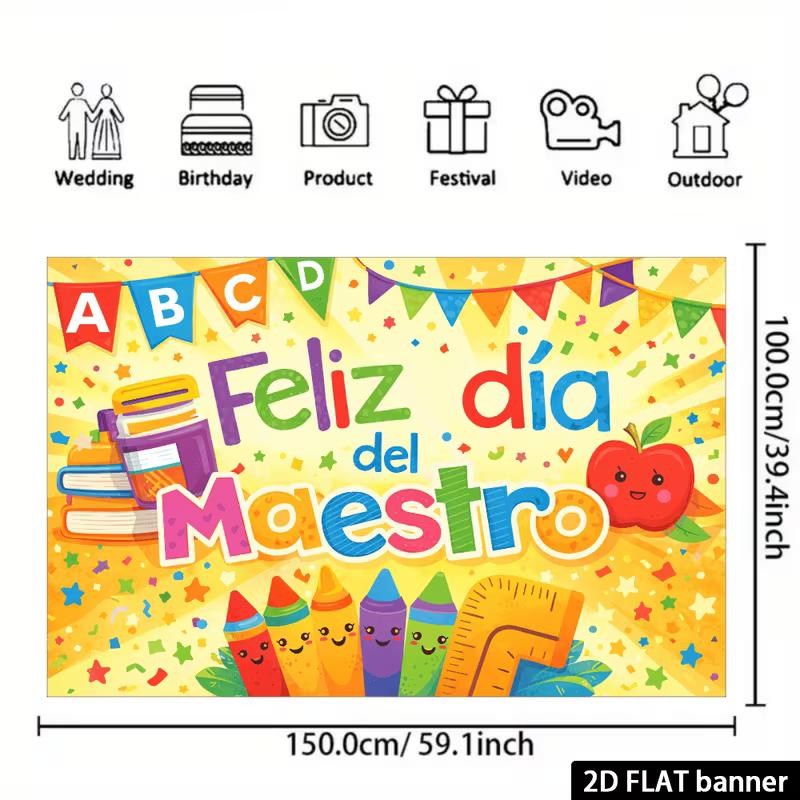 2D Colorful School Supplies Backdrop with ABC Banners and Smiling Crayons