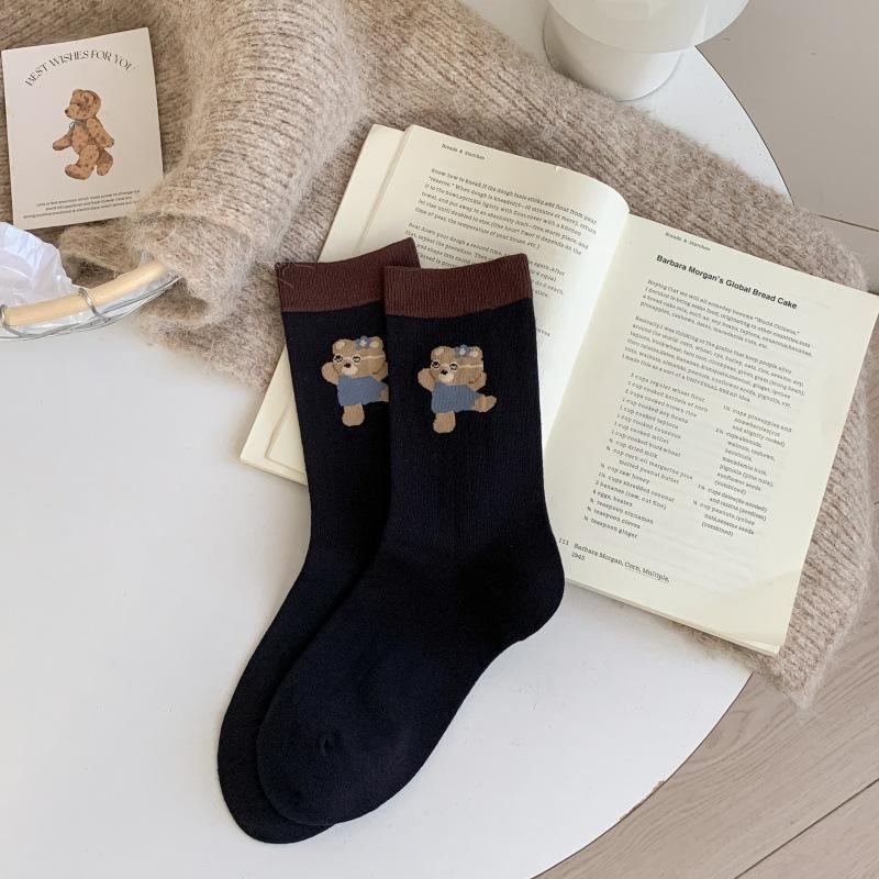 Female Spring and Autumn Striped Polka Dot Cartoon Bear Cloth Logo Collision Color Tube Pile Socks