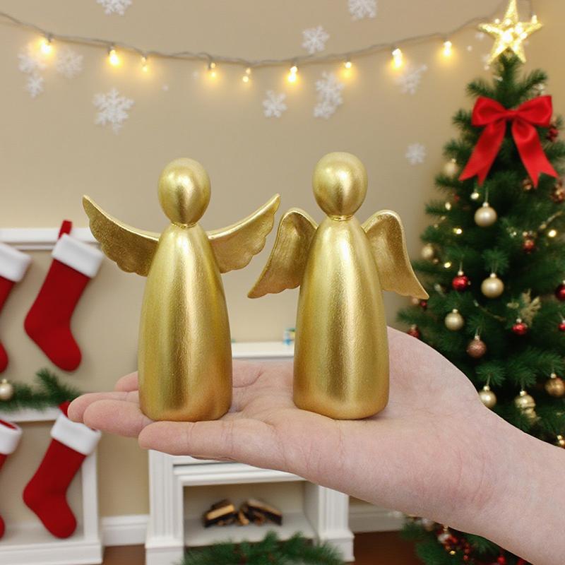 Christmas Angels Figurine Set Of 2, Gold Xmas Angels Decor, Christmas Decorations Small Angel Statues, Healing Angel Gifts