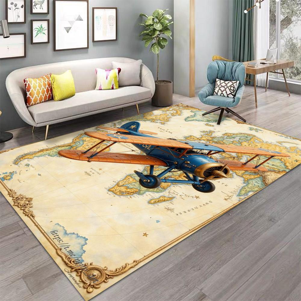 Aviator Theme Carpet Black Airplane Map Design Retro Compass Pattern Large Area Rug for Living Room Home Decor