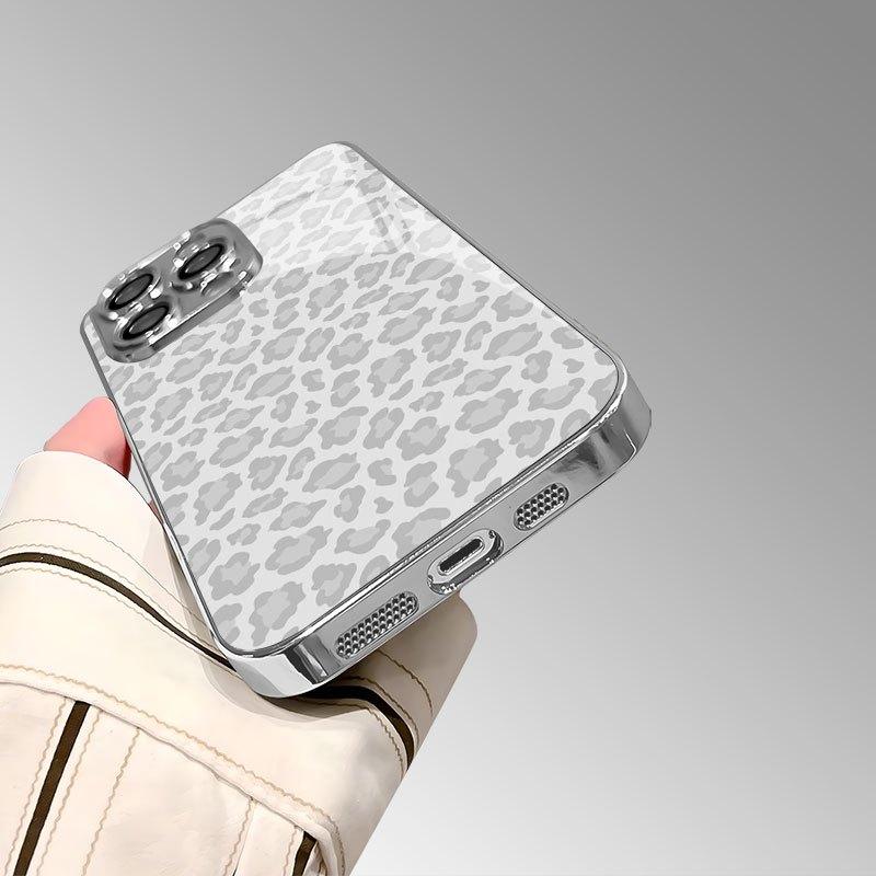 Grey leopard print abstract glass phone case suitable for iPhone 17 16 15 14 13 12 11 Pro Max Plus anti drop and shockproof