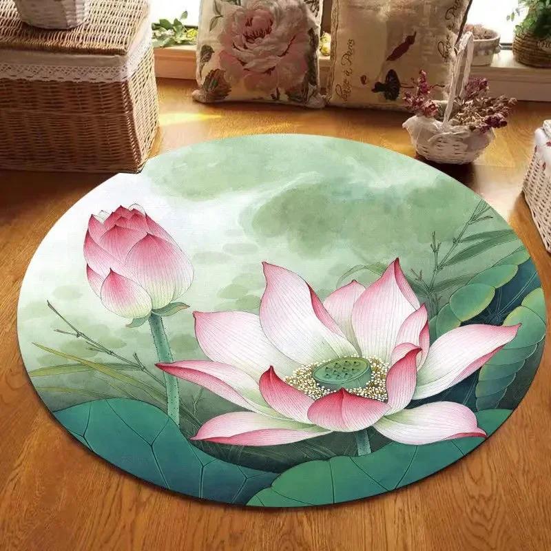 Lotus Landscape Painting Round Carpet Chair Sofa Carpets Home Living Room Bedroom Bathroom Floor Mat Printed Home Decorations
