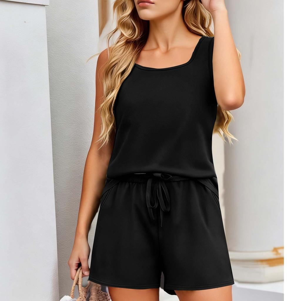 Women's Fashionable, Casual And Comfortable Sleeveless Square-Neck -Colour High-Waisted Shorts Casual Two-Piece Set
