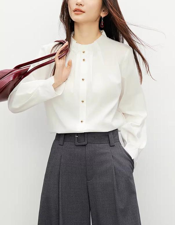 Women s White Long Sleeve Stand Collar Drape Texture Elegant Top - Spring 2026 Collection L белый