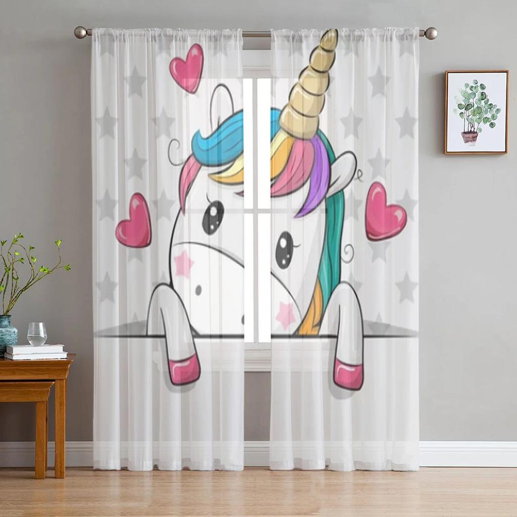 Animal Cartoon Unicorn Sheer Curtains for Living Room Bedroom Tulle Curtains Kitchen Window Treatments Panel Drapes