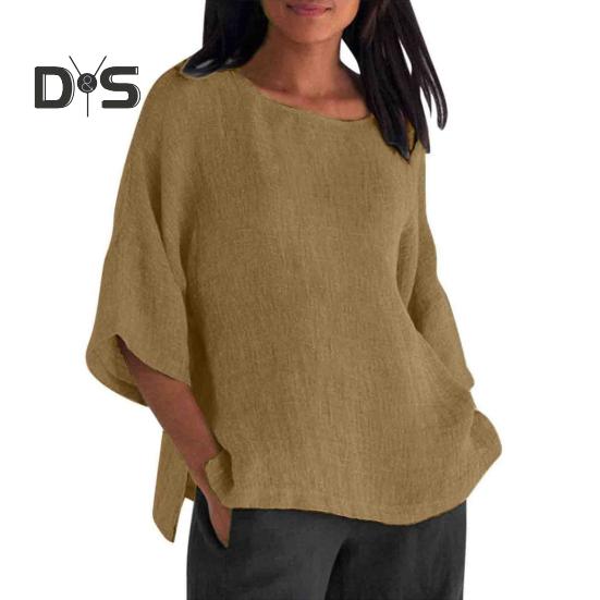 Women Shirt 3/4 Sleeve Casual Crew Neck Solid Color Pullover Tops Loose Fit Vacation Blouse Daily Wear