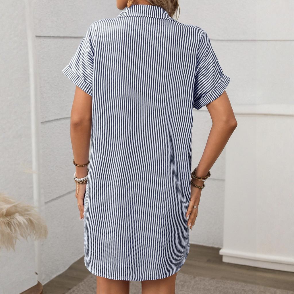 Ladies' Summer Loose Comfortable Casual Fashionable Stripe Print Short Sleeved Cotton Linen Medium Length Shirt Dress