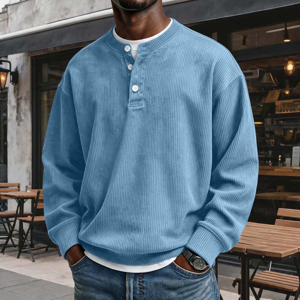 Felpa da uomo casual in velluto a coste con scollo, manica lunga, top pullover a vestibilità larga rétro con abbottonatura, per l'uso quotidiano