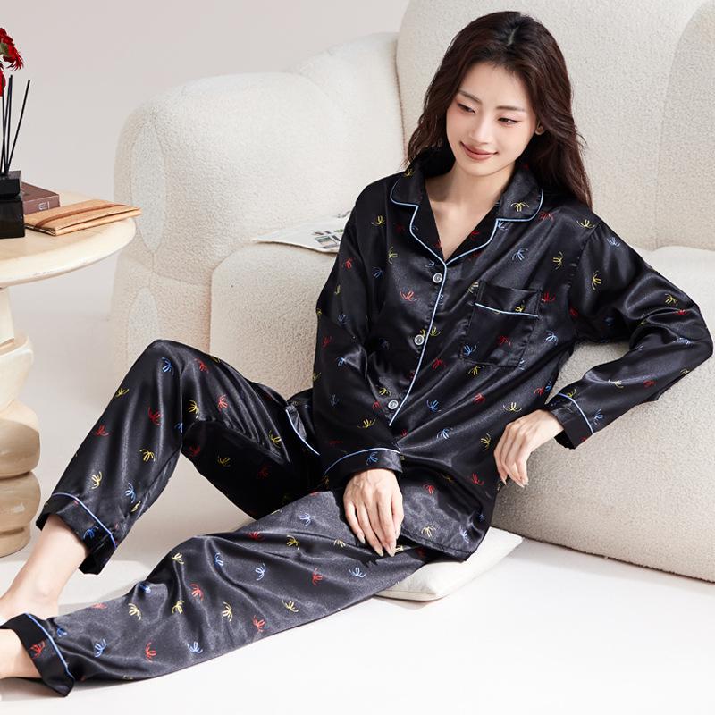 Ice Silk Pajamas Women'S Spring Thin Long-Sleeved Two-Piece Set, Sweet And Cool Loungewear Can Be Worn Outside