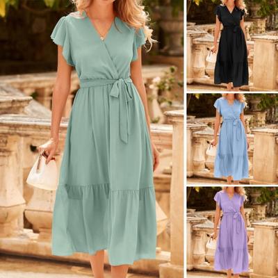 Damen Sommer Midi Kleid V-Ausschnitt Rüschen Kappenärmel Fließendes Wickelkleid Boho Strand A-Linie Swing Sommerkleid