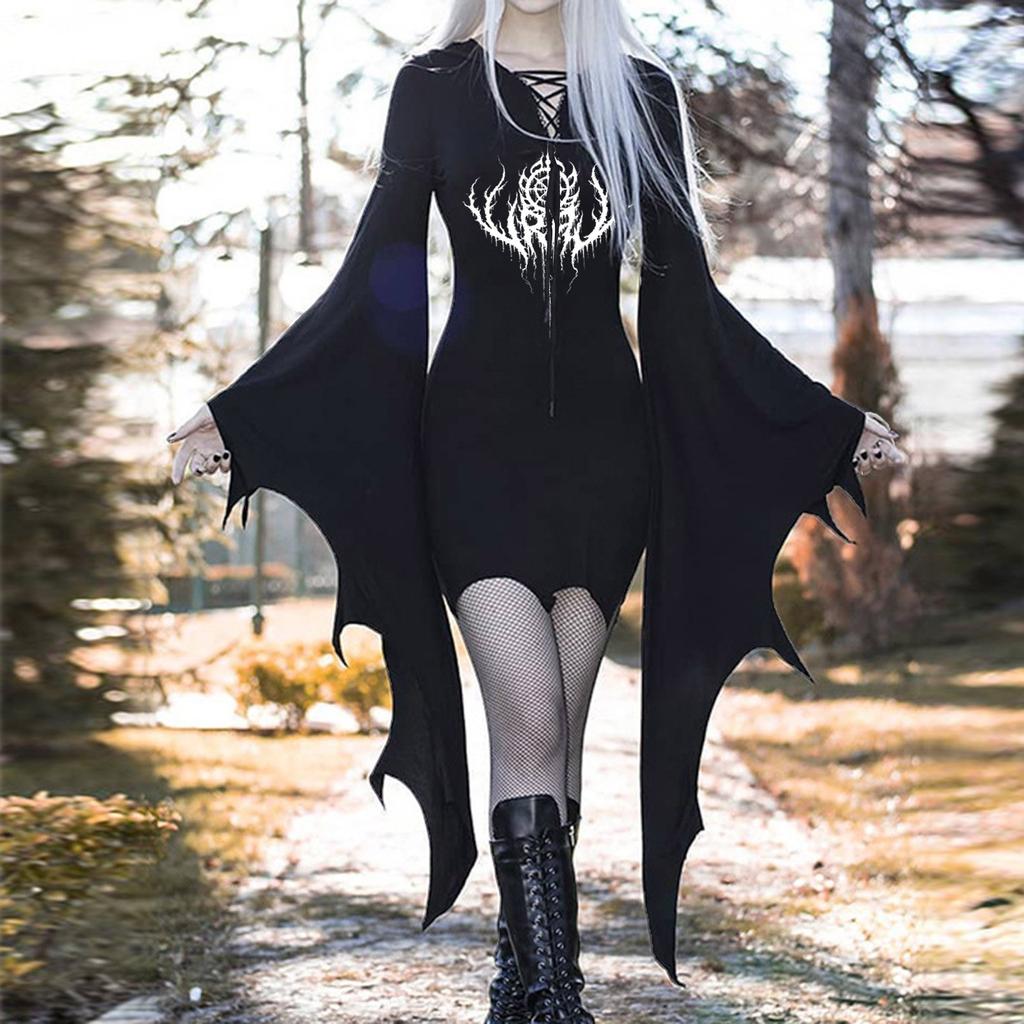 Medieval Vampire Cosplay Costume Women Sexy Slim Gothic Black Dress Vintage Bat Sleeve Witch Halloween Carnival Party Dresses