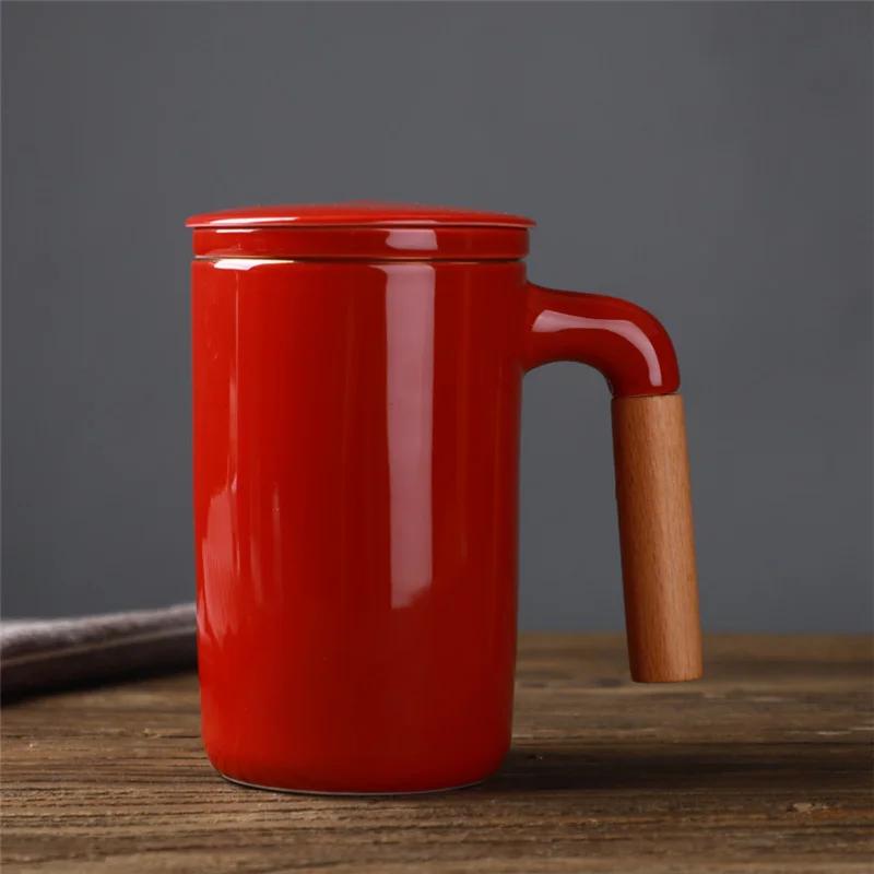 Japanese Style Stoneware Ceramic Mug With Filter Wooden Handle Flower Tea Cup with Lid Tea Water Separation Drinkware Gift