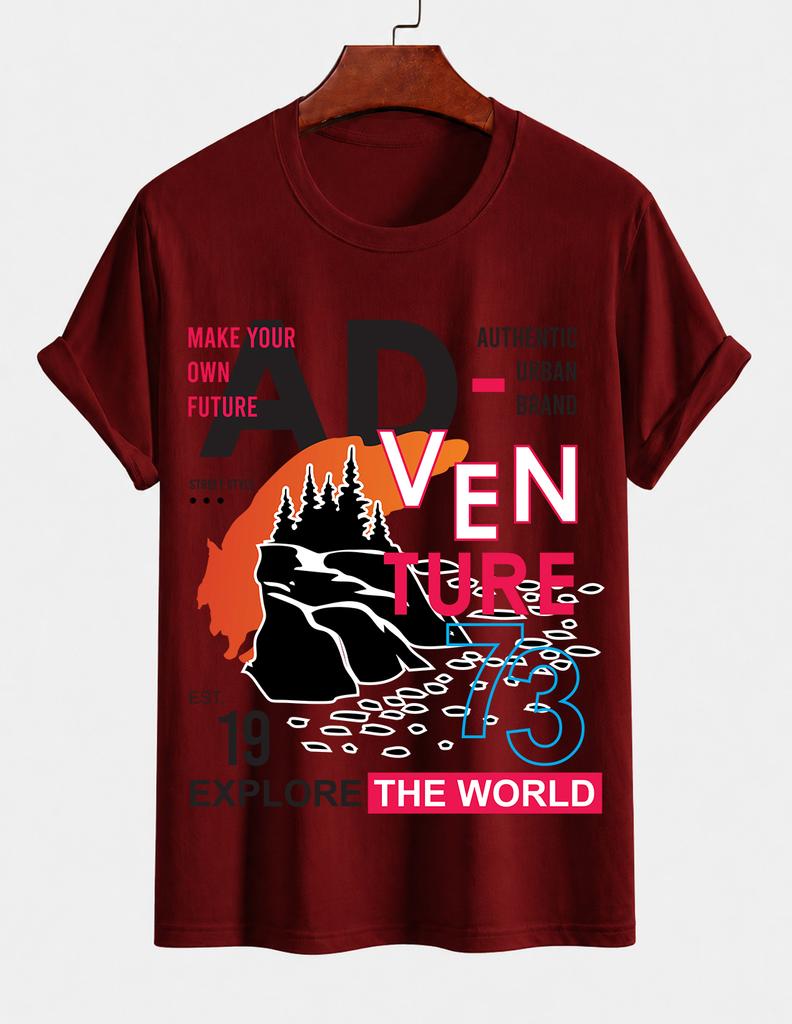Unisexs Pure Cotton Solid Color Tshirt With Adventure World Exploration Print Crew Neck Short Sleeve Outdoor Street Casual Top