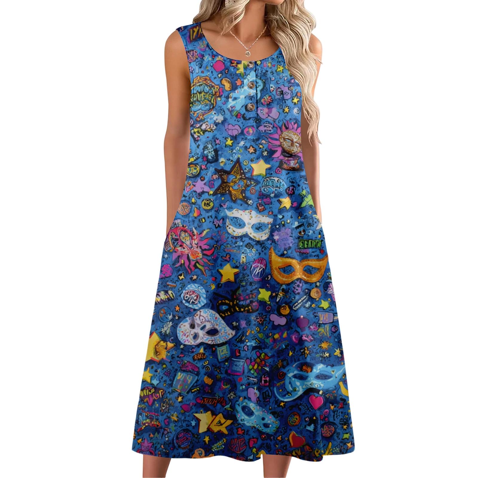

Women s Fashion Casual Sleeveless Buttoned Carnival Printed Dress with Pockets M синій