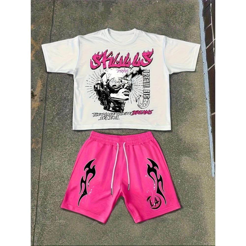 2026 New Spring American Hip-hop Style Men's Round-neck Top And Casual Shorts, Street Fashion Trend Men's Short-sleeved 2pcs Set