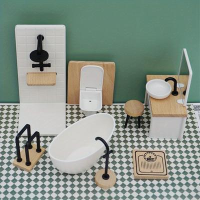 1 Stück Badezimmerszene Modell - Simuliertes Mini-Haus, Holzmöbel Duschraum, Waschbecken, Toilette, Badewanne usw., Requisiten für Aufnahmen