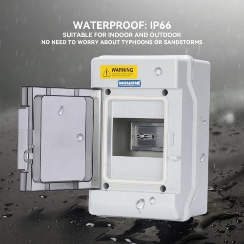 Mollom 4-Way Distribution Box with Busbar and Din Rail for Miniature Circuit Breakers (MCBs), IP66 Waterproof, Padlockable, Indoor/Outdoor Use
