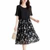 Floral Chiffon Midi Short Size M [DEEPEYES] Women's Dress, Sleeves, Pearl-like Detail, Elegant, Figure-Flattering, Black,