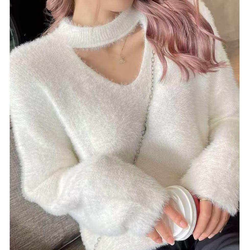 2024 A/W Women's V-Neck Halter Knit Sweater - Faux Mink Velvet, Loose Lazy Style Top