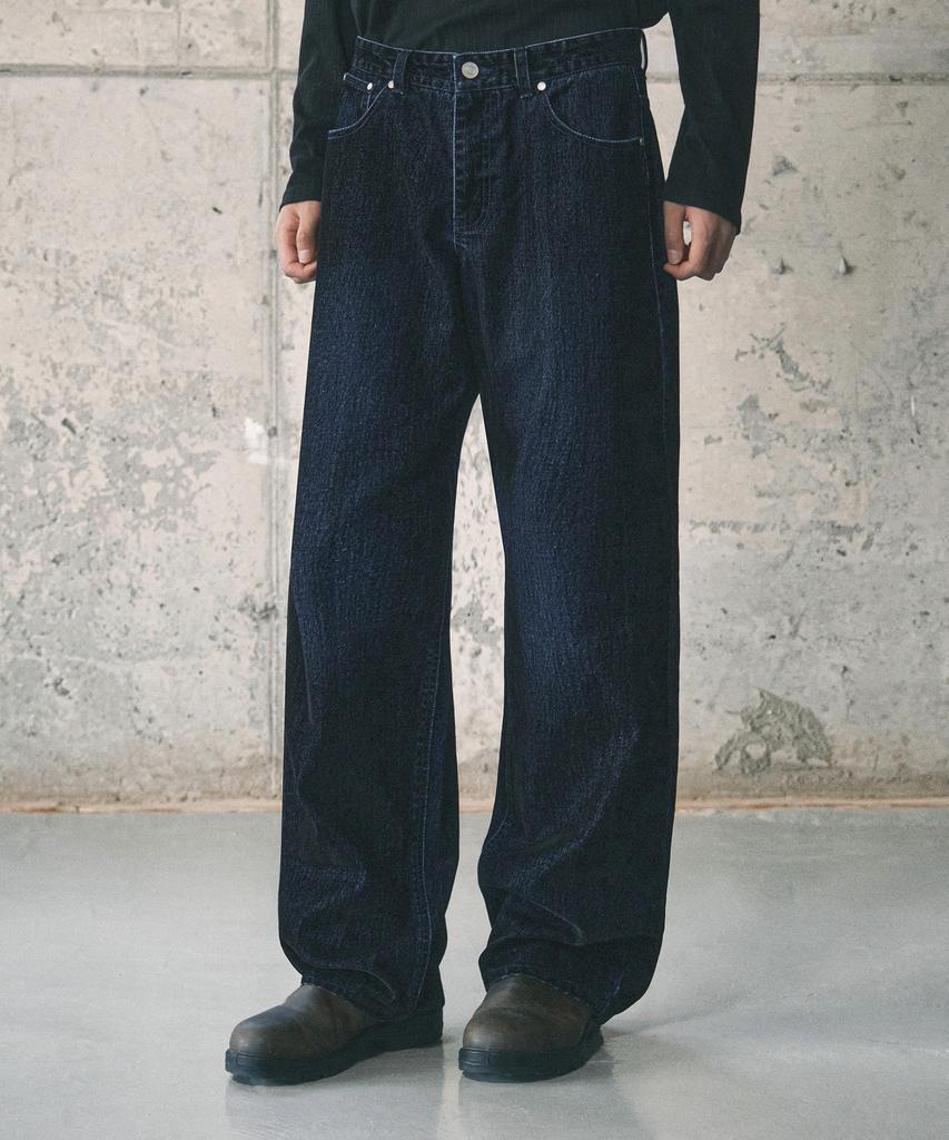 Sekeonmonollogeu Semi-Wide Velvet Texture Two-Tone Denim Pants [Indigo]_Sept070Indigo