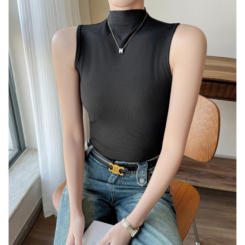 Modal Half Turtleneck Sleeveless Bottoming Shirt for Women In Spring, Summer and Autumn, with Right Shoulder T-shirt, Slim Korean Style Top