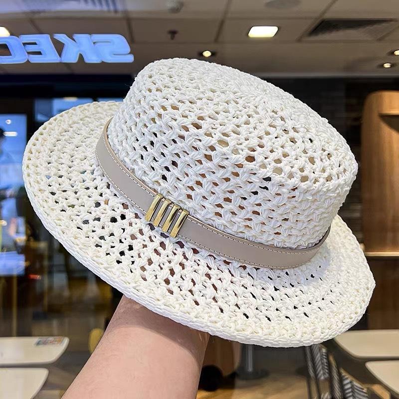 Lightweight Breathable Straw Boater Hat Hollow Out Leather Trim UV Protection Cap for Beach Travel Summer Outdoor Use