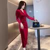 Retro V-neck Velvet Gypsy Dress for Women's Autumn and Winter New Temperament Waist and Thin Split Hip Wrap Long Skirt