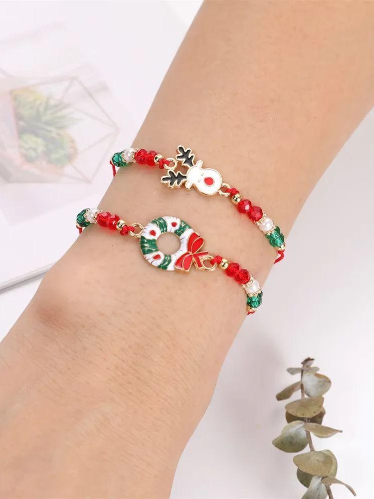 12pcs Festival Christmas Bracelets Imitation Pearl Santa Claus Xmas Tree Pendant Party Jewelry Gifts for Girls Kids Adult