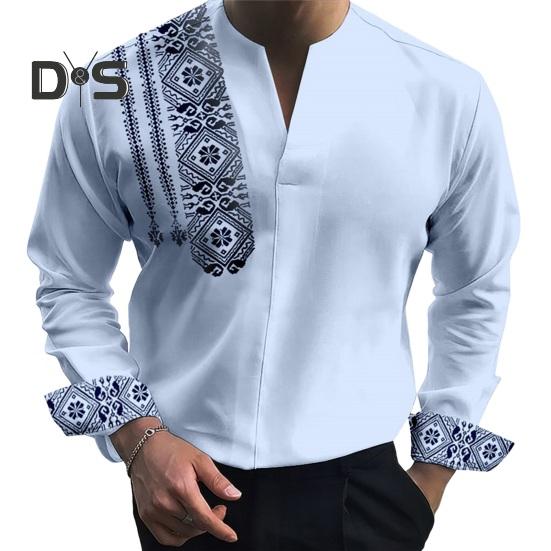 

Осень-весна мужская рубашка с принтом Slim Fit V-образным вырезом с длинными рукавами Ретро-стиль пуловер соответствующего цвета Формальная деловая повседневная одежда Топ L синий