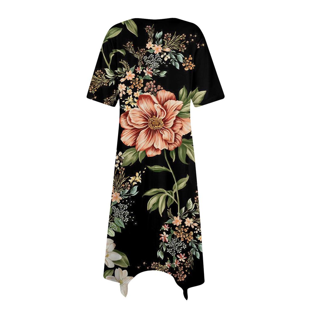 Damen Casual Mode Rundhals Kurzarm Druck Unregelmäßiger Saum Midi-Kleid