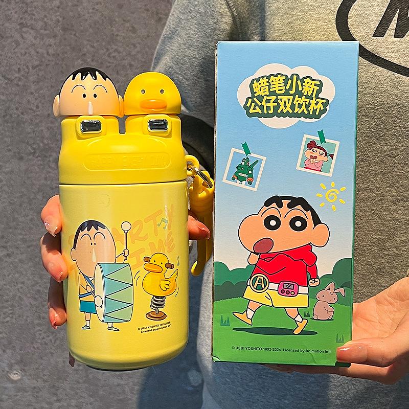 Crayon Small New Water Cup Mug New Womens Fashionable Thermos Flask Cup Students Go To School Water Bottle Male Straw Mug Double Drink