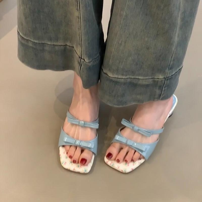 Sommer Damen Sandalen mit eckiger Zehenpartie, niedrigen Absätzen, schlichten Schleifen-Slippern, Party, Hochzeit, Bonbonfarben, Damenschuhe