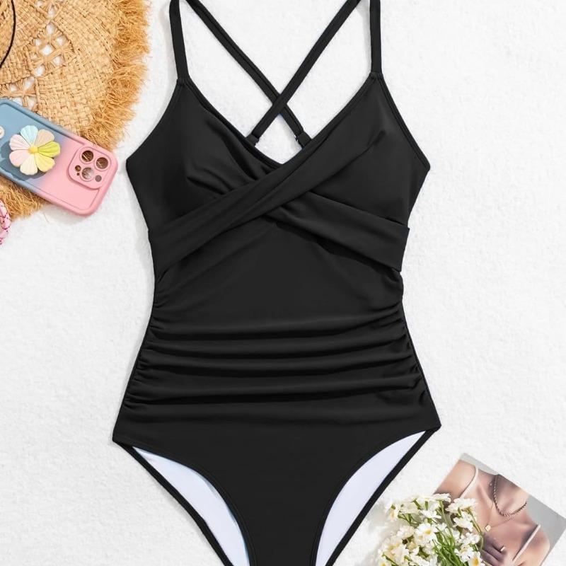 Fashion V-neck Pleated One-piece Swimsuit Women's Strap Sexy One-piece Bikini Women's Swim