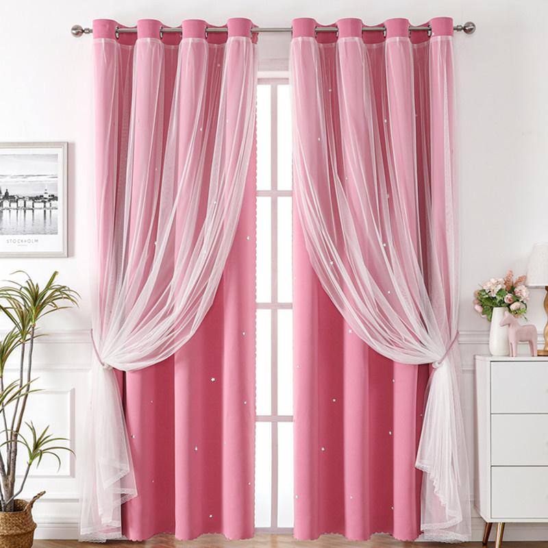 Lace Blackout Curtains Double Layer with Sheer Star Pattern Embroidery Thermal Insulated Curtain Princess Curtain Luxury Double Layer Curtains