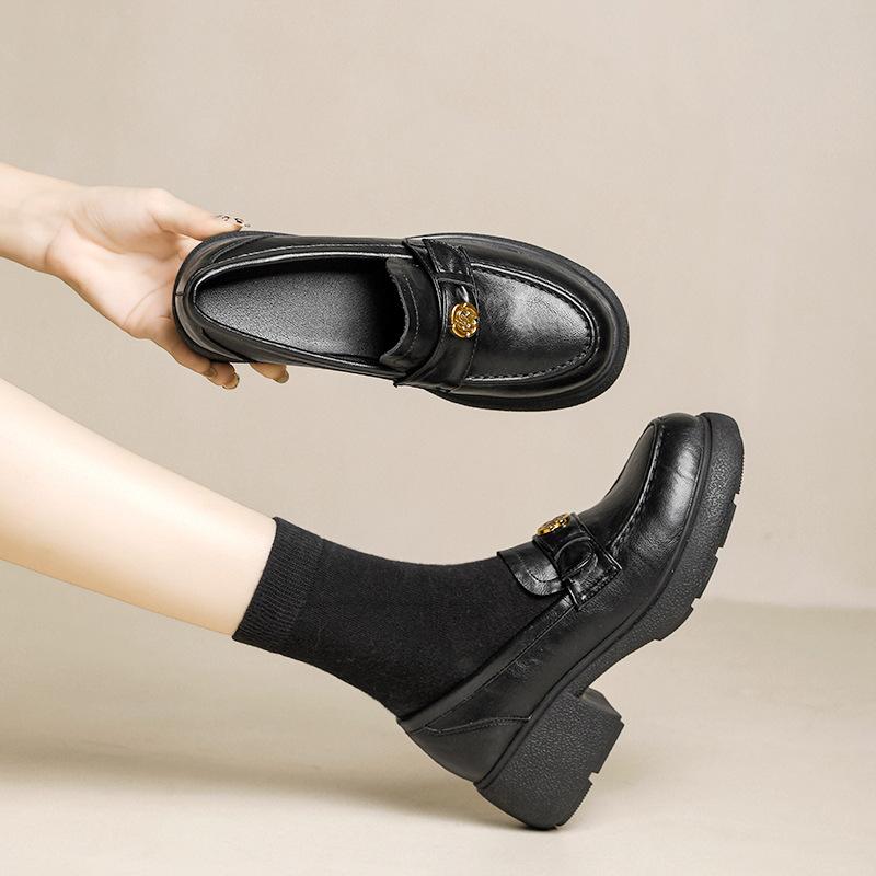 Sunflower~ round head small leather shoes thick-soled retro small gold buckle genuine leather thick heel lazy loafer single shoes women's small le