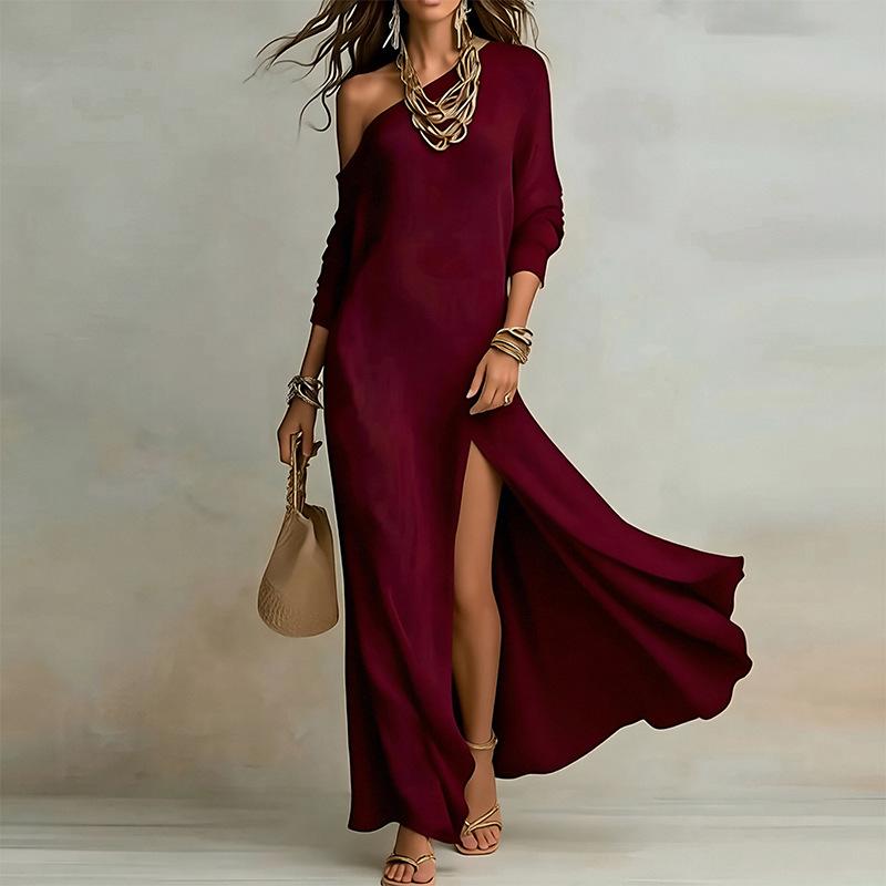 Rochie Elegantă Decolteu Bardot cu Mâneci Lungi pentru Petrecere Femei Primăvară Vară Rochii Casual Monocrome, Rochii Sexy pentru Doamne cu Decupaj Înalt