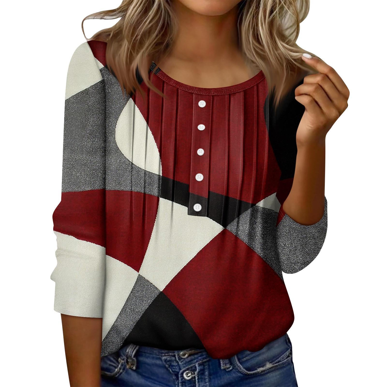 

Женский топ с круглым вырезом, декоративными пуговицами и полосками, повседневная футболка однотонного цвета с рукавом 3/4 XL винный