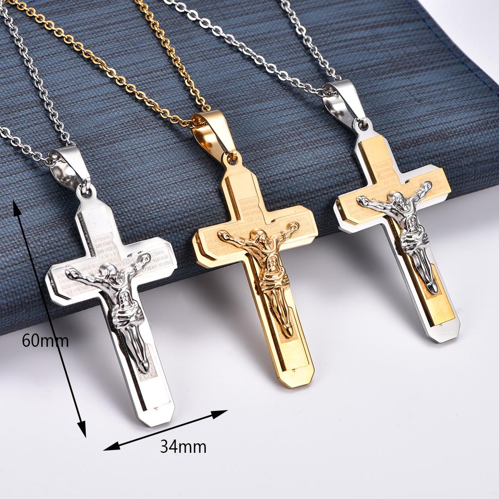 Stainless Steel Jesus Crucifix Cross Pendant Necklace for Women Men Religious Faith Prayer Charms Chain Amulet Metal Jewelry