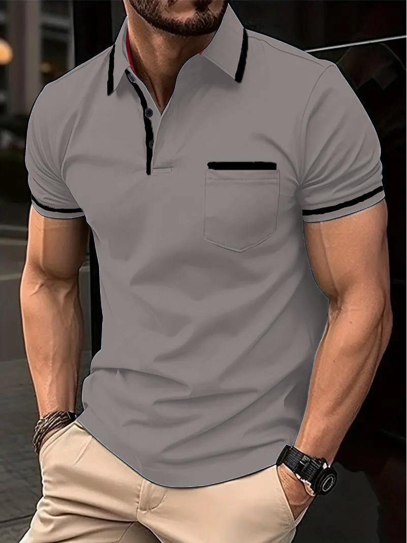 

Men s Summer Color Block Polo Shirt with Printed Logo - Casual European & American Style S темно-серого
